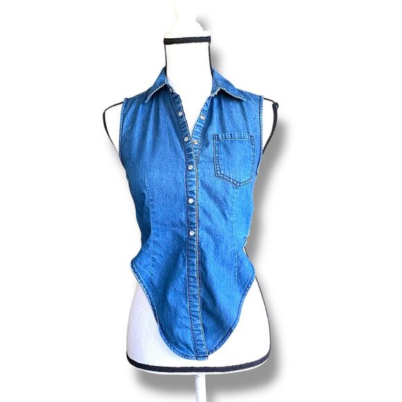 VNTG Forever 21 Sleeveless Cropped Tie Front Chambray Shirt Sz XS Pearl Snap - Picture 6 of 9